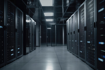 Naklejka premium Big data center with server racks. Server room interior. Digital technology hardware. Created with Generative AI