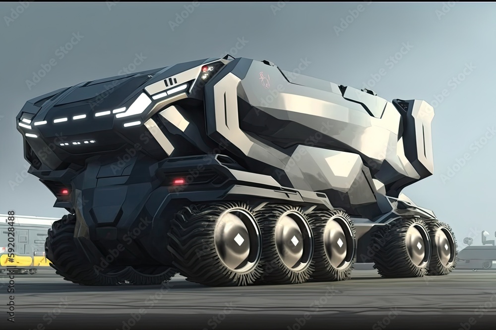 Poster futuristic vehicle with oversized wheels speeding down a high-tech runway. generative ai
