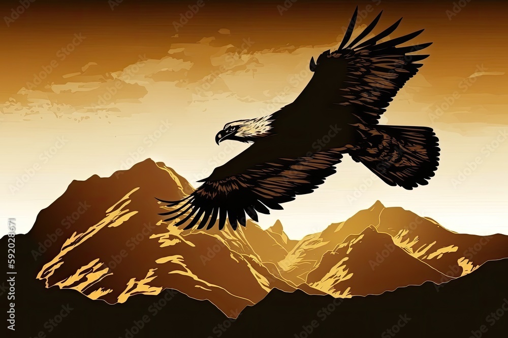 Sticker eagle soaring over majestic mountain peaks during a vibrant sunset. generative ai