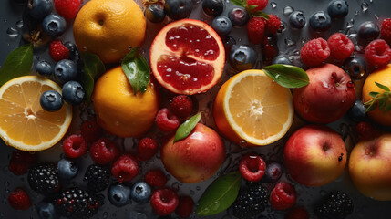 Fototapeta na wymiar Fresh fruits mixed.Tasty fruits background. Generative Ai