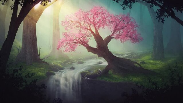 Pink Tree By Stream In Wooded Forest Trees With Sun Beams And Moving Water 4K Christian Worship Video Background Motion Loop