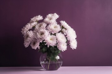  a glass vase filled with white flowers on a purple tableclothed surface with a purple wall in the backround behind the vase.  generative ai