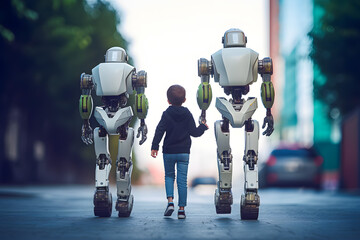 Humanoid robot on a walk with children, family friend nanny babysitter care upbringing. Technology for the benefit of mankind. Generative AI