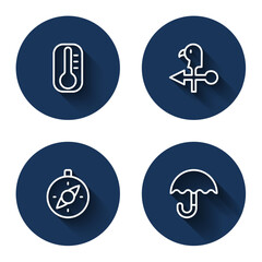 Set line Thermometer, Rooster weather vane, Compass and Umbrella with long shadow. Blue circle button. Vector