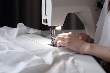  a woman is working on a sewing machine with a white sheet on the table behind her and a black curtain behind her, with a white sheet on the floor.  generative ai