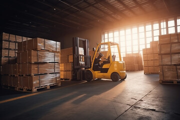  a yellow forklift in a warehouse with pallets on the floor and sunlight streaming through the windows on the side of the warehouse door.  generative ai