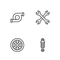 Set line Shock absorber, Alloy wheel for car, Automotive turbocharger and Wrench spanner icon. Vector