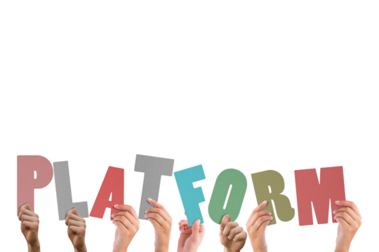 Colorful alphabet spelling platform held up by people  - Powered by Adobe