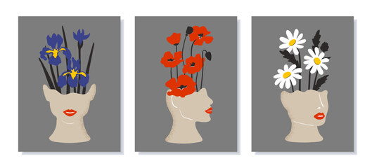 Fototapeta na wymiar Set of women faces with flowers. Vector abstract floral trendy poster. Wall art collection