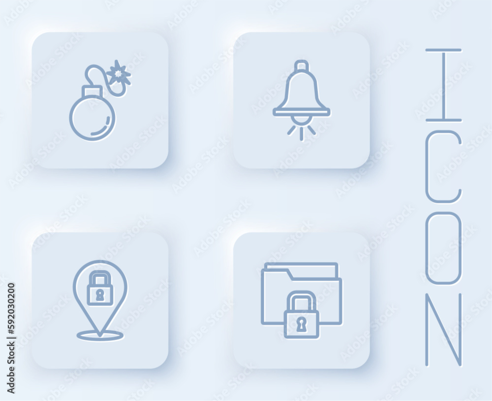 Poster set line bomb, ringing alarm bell, lock and folder and lock. white square button. vector