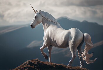 Naklejka na ściany i meble White Unicorn on Mountain - A white unicorn stallion rears up with power and majesty on a hilltop of a mountain range. Generative AI