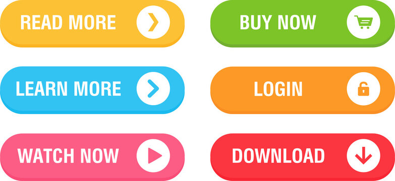 Set of modern trendy buttons. Trendy colors on white background. Read more, learn more, buy now, download, watch now, login colorful button set. Illustration 