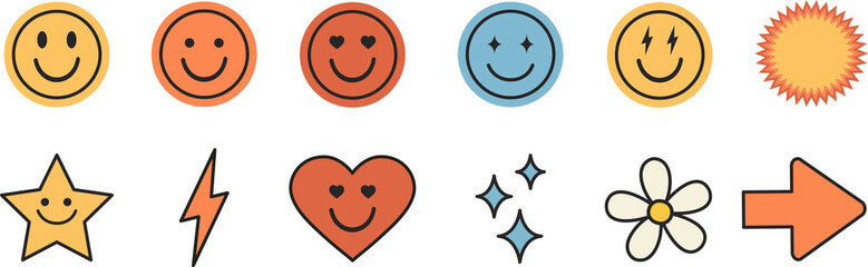 Cool Trendy Retro Stickers Collection. Set of Funny Character Emoticons. Pop Art Elements. Trendy illustration