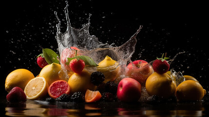 Fototapeta na wymiar Exploding food photography mix fruits smoothie, Generative AI