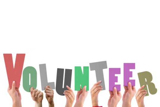 Cropped hands holding colorful alphabets forming volunteer - Powered by Adobe