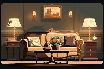 cozy living room with a comfortable couch and warm lighting. Generative AI