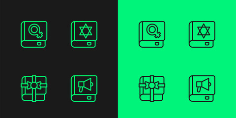 Set line Book, as a gift, about women and Jewish torah book icon. Vector