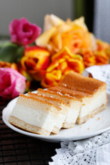 Traditional cheesecake on the table.