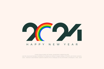 The number 2024 with illustration of the number zero as a colorful rainbow. Premium vector design for happy new year 2024 celebration, greeting, banner, poster or calendar.