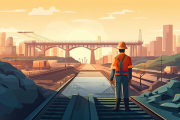civil engineer working on a large-scale infrastructure project, such as a dam or a high-speed railway, with construction workers and heavy machinery in the background - obrazy, fototapety, plakaty