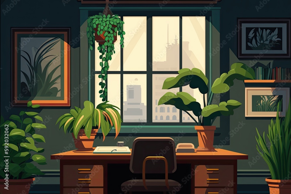 Poster cozy workspace with natural elements and a view. generative ai