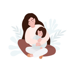 Young woman hugging her daughter. Happy mother's day concept mom and little girl. Mother and child. Vector illustration.