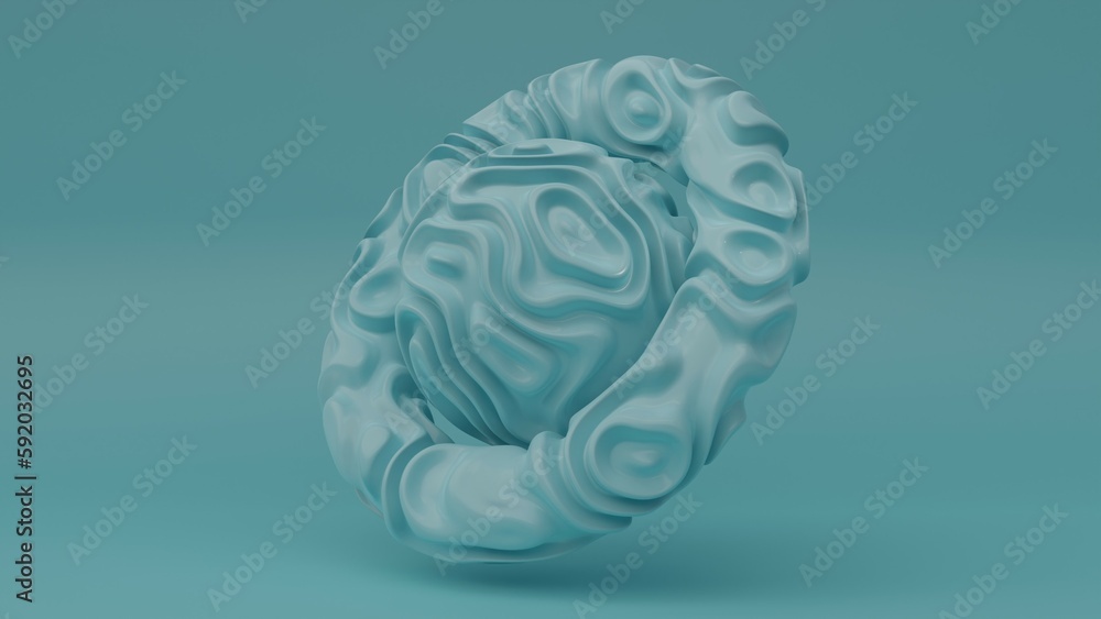 Poster 3d rendering of an abstract sphere and a ring whose surface is covered with curves, convolutions and