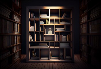 3d Empty book shelves for exhibit. Generative AI