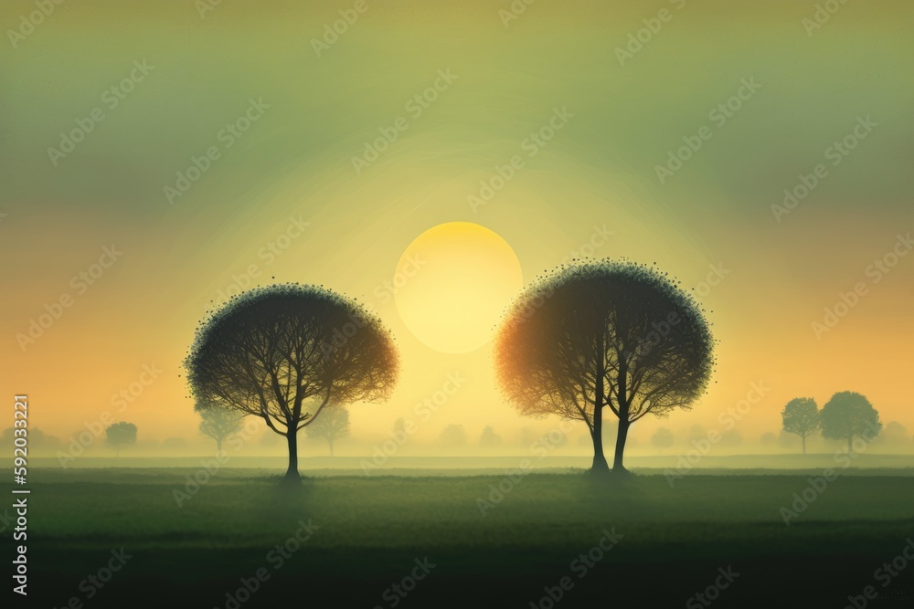 Poster three trees standing in a field painted with vivid colors. generative ai