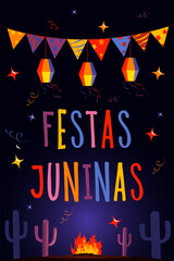 Hand drawn Festa Junina Brazil June Festival. Folklore Holiday. Guitar, Accordion, Cactus, Summer, Sunflower, Campfire, Flag, - Ready to Print - Background - Vector Illustration - Vector