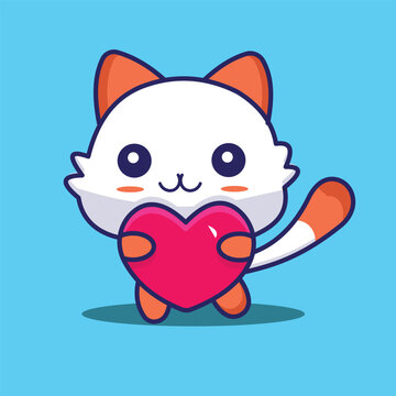 Kawaii cat with heart. Kawaii cat sticker doddle for greeting, Valentine's day.Cat cartoon for kids.