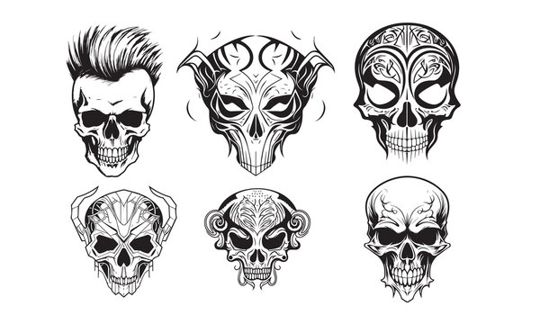 silhouette skull bundle, Set of the black skull with crossed bones icon illustration. silhouette human skull set vector for t-shirt or print on demand.