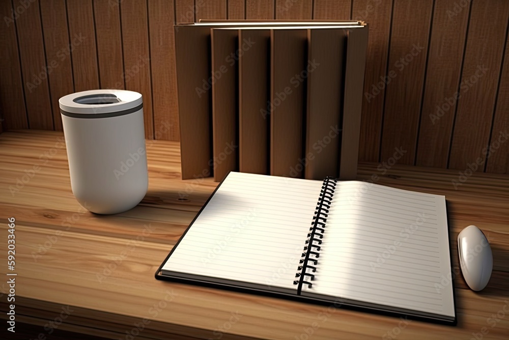 Poster desk setup with a computer mouse and a notebook. generative ai
