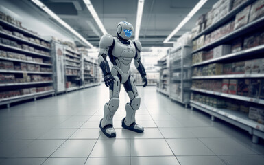 Obraz premium Robot haciendo la compra en un supermercado.Ilustración de IA generativa