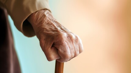 A close - up of an elderly person's hand holding a walking cane, leaving a generous space above for text, surrounded by a pastel background that conveys strength, resilience. Generative ai.