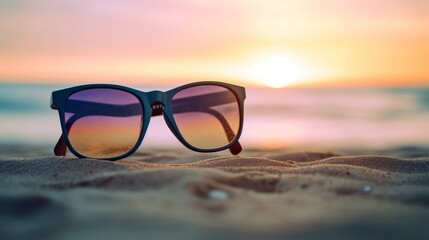 Fototapeta na wymiar A pair of stylish sunglasses resting on a sandy beach, with a large space to the right for text and a pastel background that echoes the hues of a summer sunset. Generative ai.