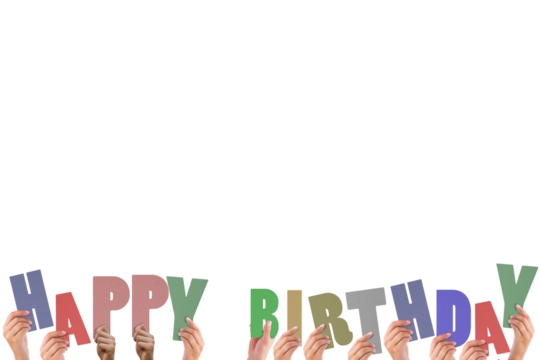 Cropped hands holding colorful words happy birthday 