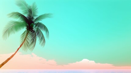 Fototapeta na wymiar A tropical palm tree swaying gently in a breeze, providing a spacious area to the left for text, accompanied by a pastel background that transports the viewer to a serene island. Generative ai.