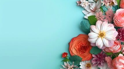 A vibrant bouquet of flowers placed in the lower - left corner, creating a large space above and to the right for text, accompanied by a pastel background that highlights the blossoms. Generative ai.