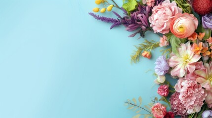 A vibrant bouquet of flowers placed in the lower - left corner, creating a large space above and to the right for text, accompanied by a pastel background that highlights the blossoms. Generative ai.