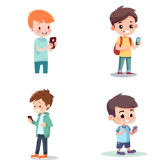 set of funny cartoon everyday people with a mobile phone in their hands