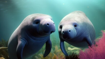 Pixar style, A blissful, cute manatee couple floating together through a serene underwater world, feeling content and in love in a pastel - colored illustration. 3d illustration. Generative ai.