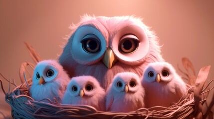 A caring, cute mother owl tenderly tucking her owlets into a soft, warm nest, feeling nurturing and attentive in a pastel - colored illustration. 3d illustration. Generative ai.