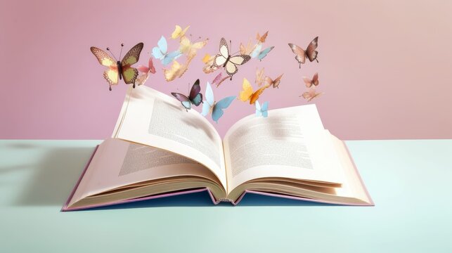 An open book with fluttering pages, leaving ample space above for text, set against a pastel background that enhances the magic and enchantment of reading. Generative ai.