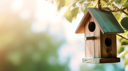 A charming birdhouse nestled among tree branches, with a generous space below for text, accompanied by a pastel background that reflects the serenity and beauty of nature. Generative ai.