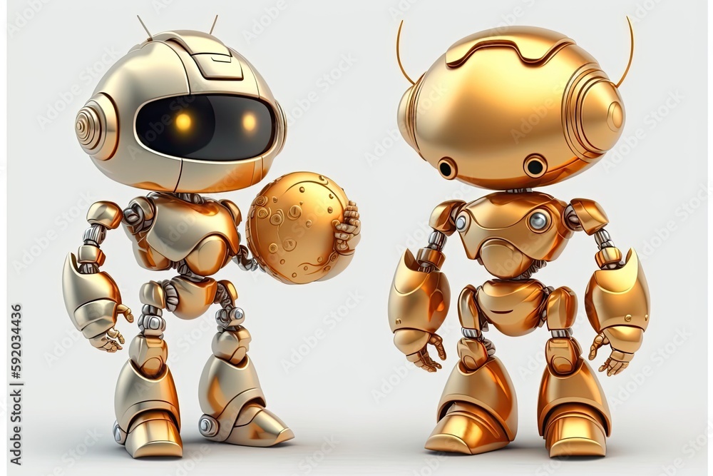 Poster two futuristic robots standing side by side. generative ai