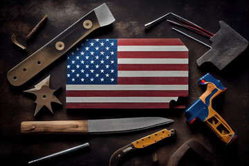 Labor day background with flag and tools. Generative Ai