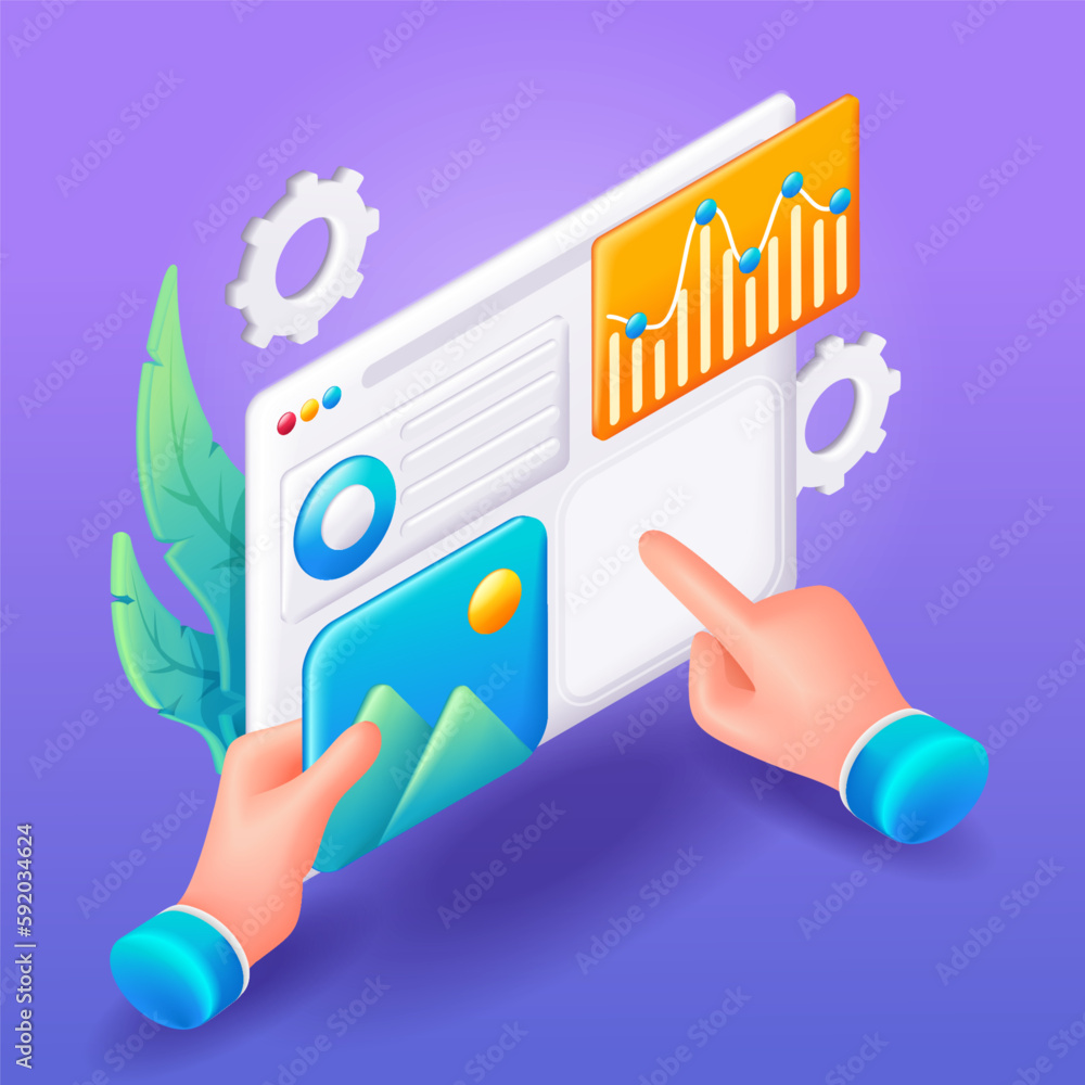 Poster trending 3d isometric, cartoon illustration. concept of seo optimization for website. charts and gra