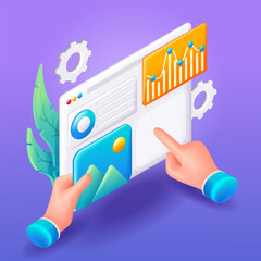 Trending 3D Isometric, cartoon illustration. Concept of Seo Optimization for website. Charts and graphs with data. Vector icons for website