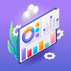 Trending 3D Isometric, cartoon illustration. Data analytics, dashboard and business finance report. SEO screen concept for investment. Vector icons for website